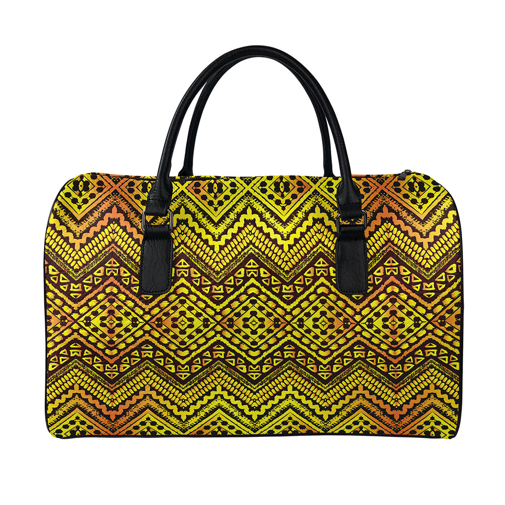 Gold African Ethnic Tribal Pattern Print Leather Duffle Bag