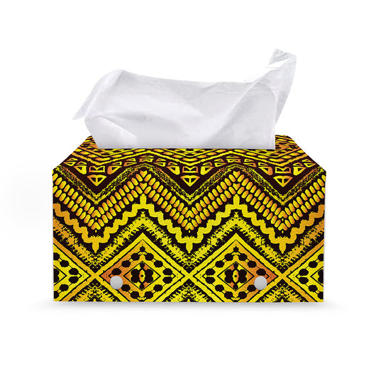 Gold African Ethnic Tribal Pattern Print Leather Tissue Box Cover