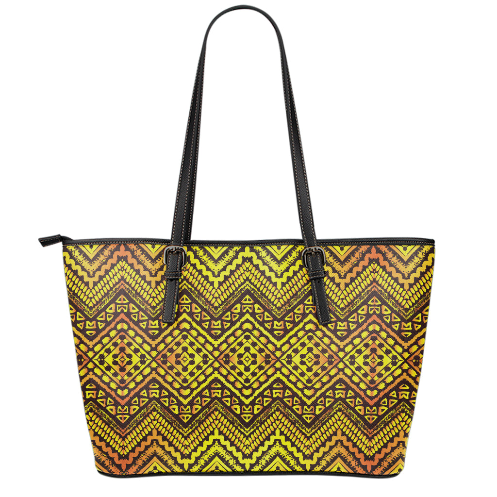 Gold African Ethnic Tribal Pattern Print Leather Tote Bag