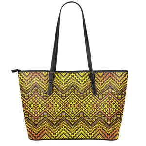 Gold African Ethnic Tribal Pattern Print Leather Tote Bag