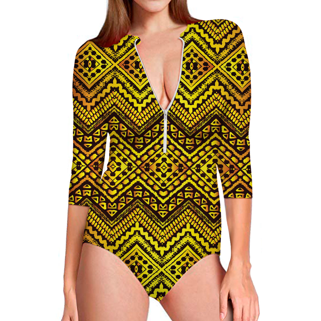 Gold African Ethnic Tribal Pattern Print Long Sleeve Swimsuit