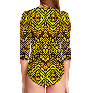 Gold African Ethnic Tribal Pattern Print Long Sleeve Swimsuit