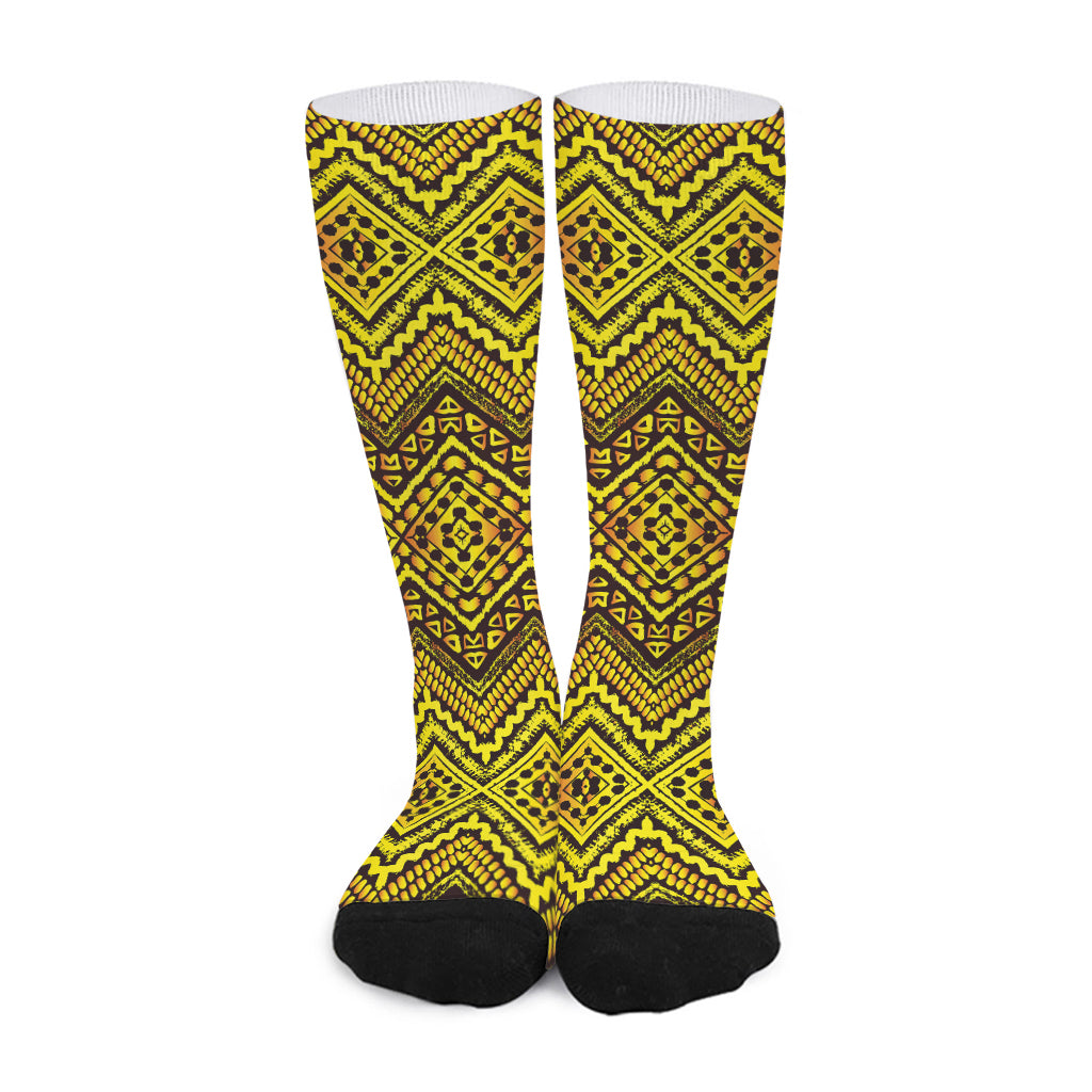 Gold African Ethnic Tribal Pattern Print Long Socks