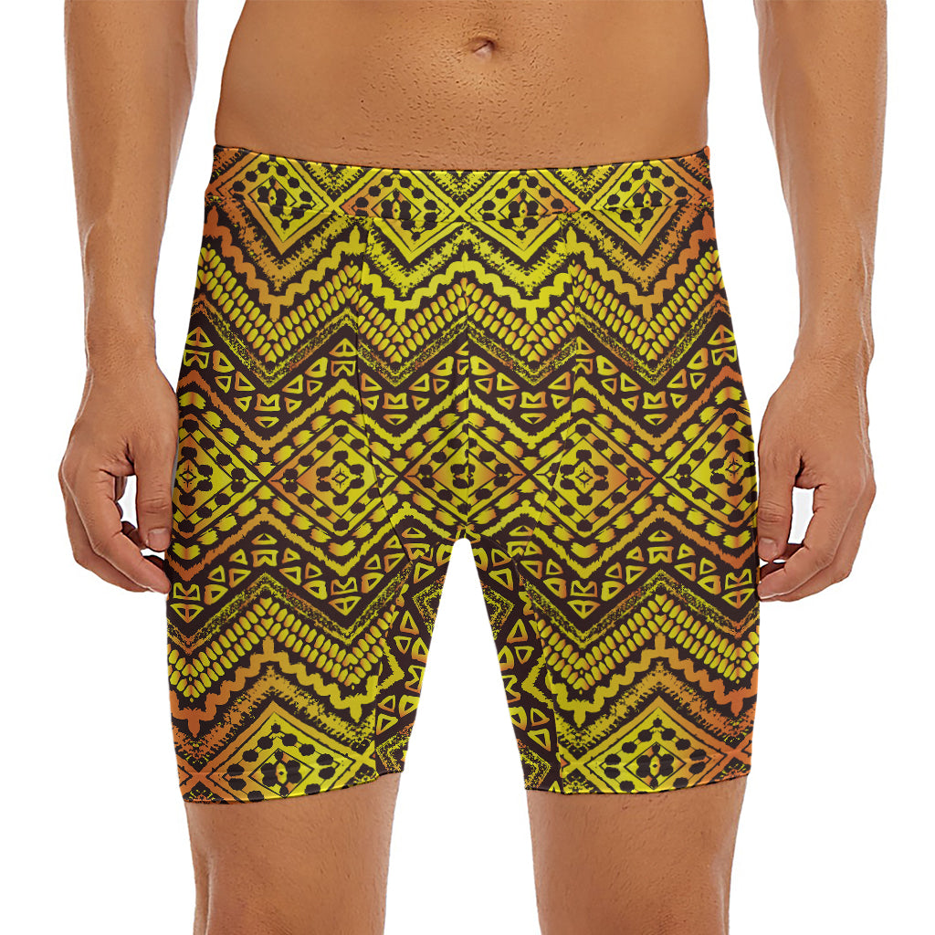 Gold African Ethnic Tribal Pattern Print Men's Long Boxer Briefs