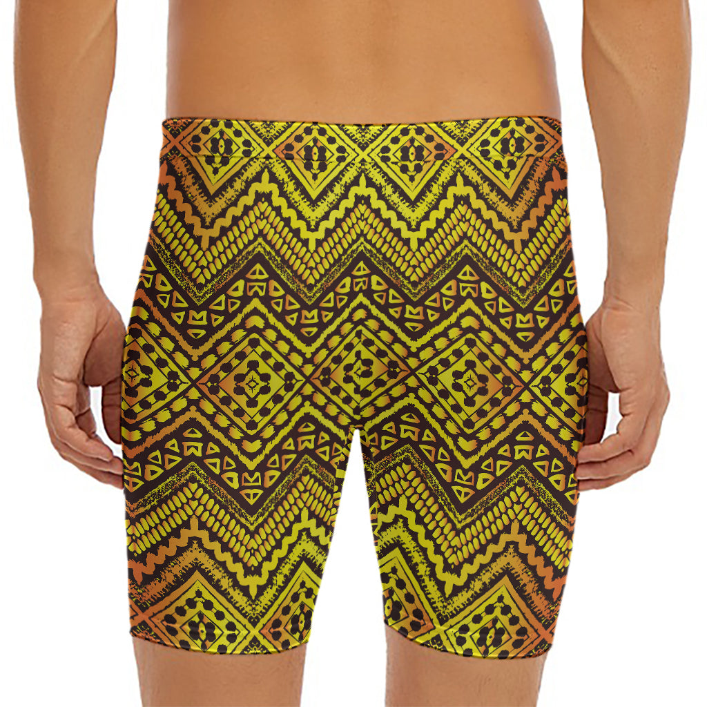 Gold African Ethnic Tribal Pattern Print Men's Long Boxer Briefs