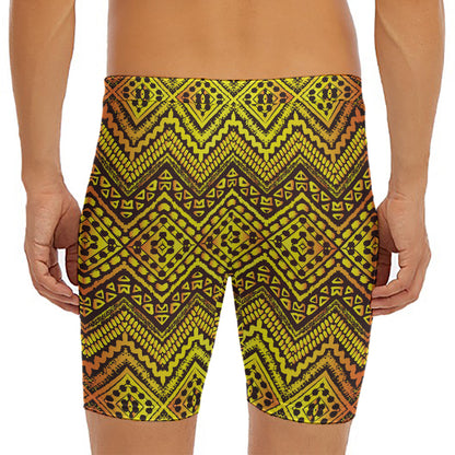 Gold African Ethnic Tribal Pattern Print Men's Long Boxer Briefs