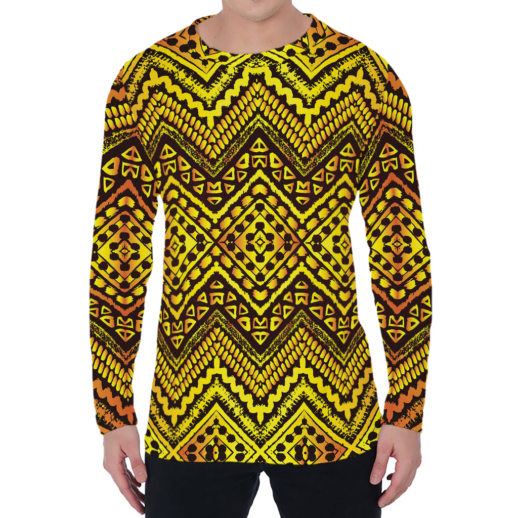 Gold African Ethnic Tribal Pattern Print Men's Long Sleeve T-Shirt