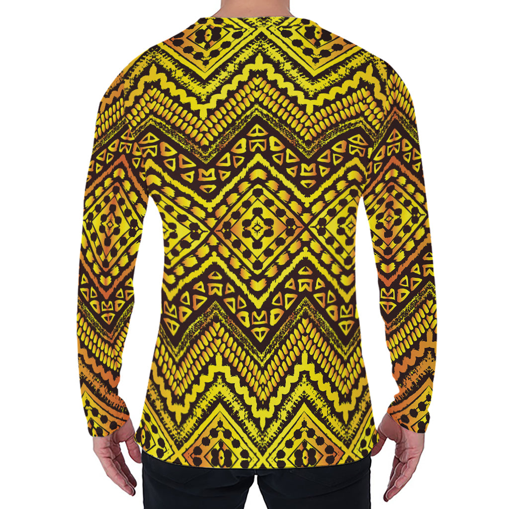 Gold African Ethnic Tribal Pattern Print Men's Long Sleeve T-Shirt