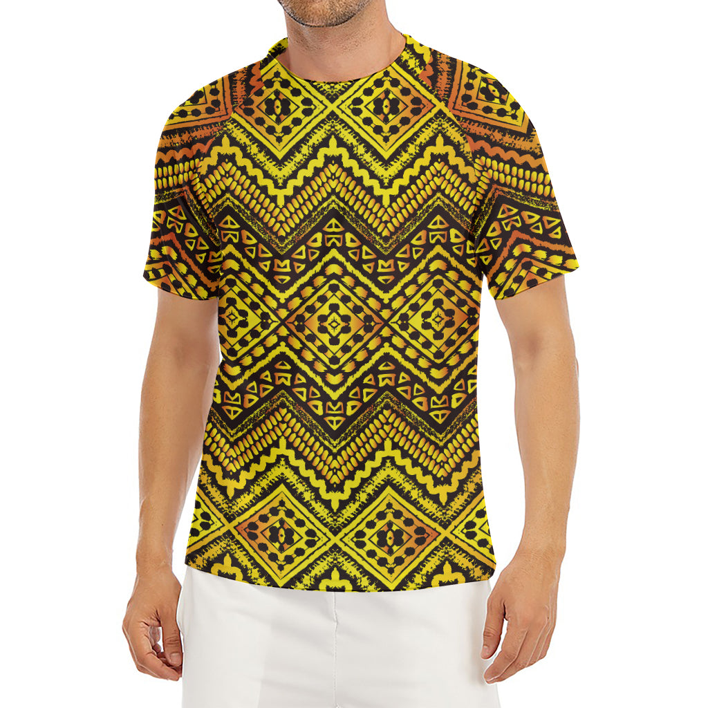 Gold African Ethnic Tribal Pattern Print Men's Short Sleeve Rash Guard
