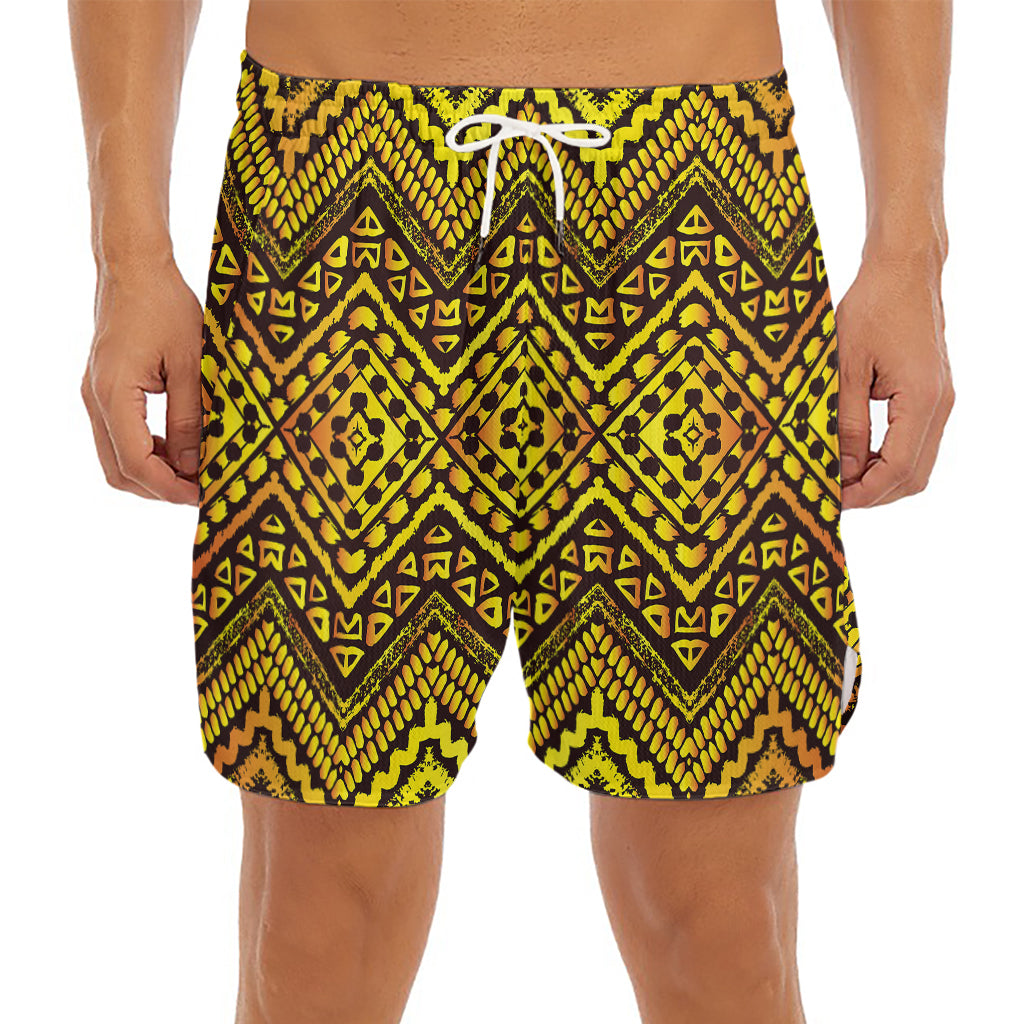 Gold African Ethnic Tribal Pattern Print Men's Split Running Shorts