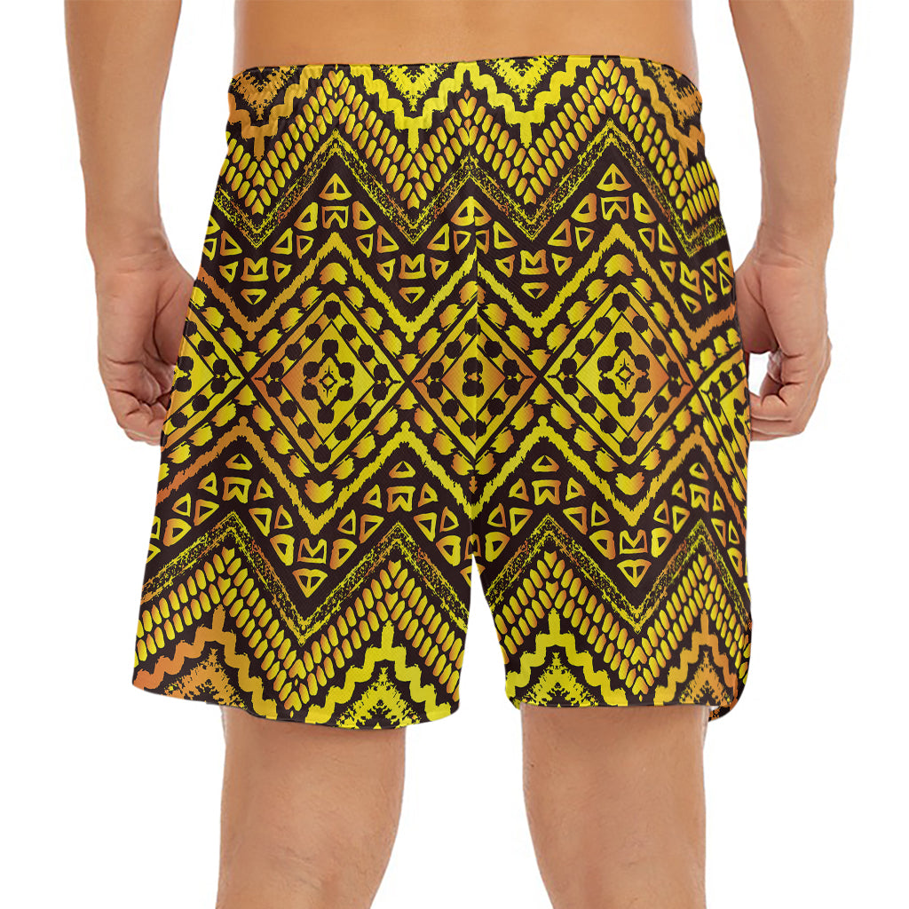 Gold African Ethnic Tribal Pattern Print Men's Split Running Shorts