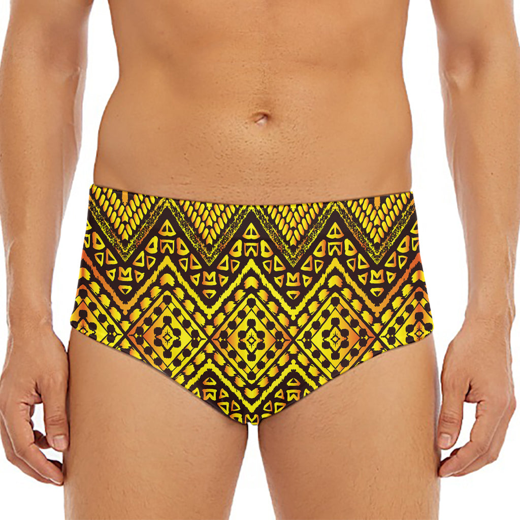 Gold African Ethnic Tribal Pattern Print Men's Triangle Swim Briefs