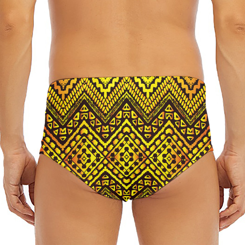 Gold African Ethnic Tribal Pattern Print Men's Triangle Swim Briefs