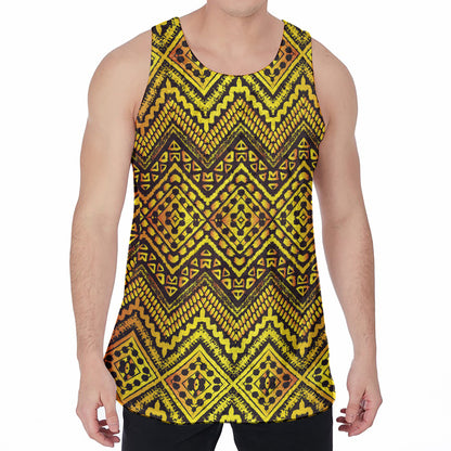 Gold African Ethnic Tribal Pattern Print Men's Velvet Tank Top