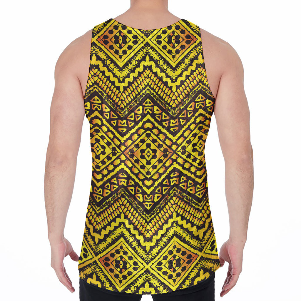 Gold African Ethnic Tribal Pattern Print Men's Velvet Tank Top
