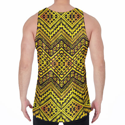Gold African Ethnic Tribal Pattern Print Men's Velvet Tank Top