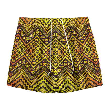 Gold African Ethnic Tribal Pattern Print Mesh Shorts