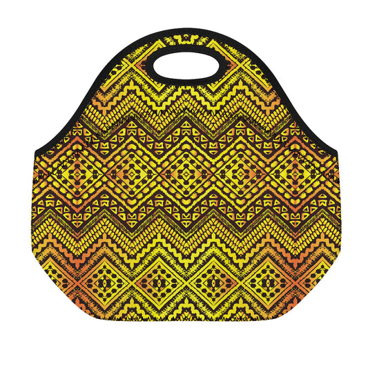 Gold African Ethnic Tribal Pattern Print Neoprene Lunch Bag