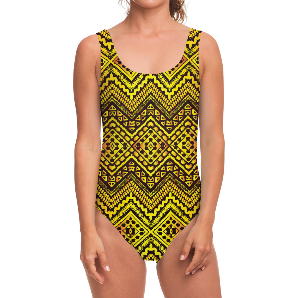 Gold African Ethnic Tribal Pattern Print One Piece Swimsuit