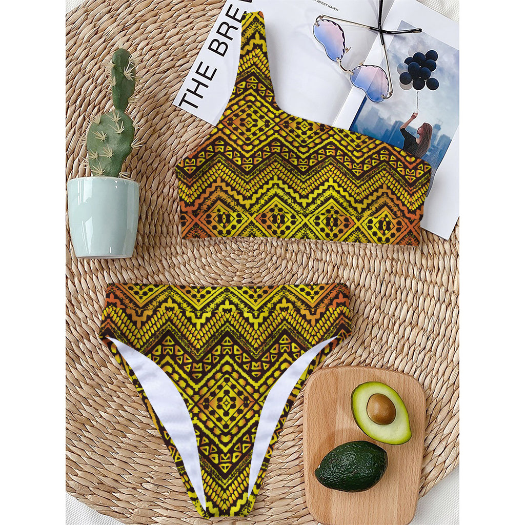 Gold African Ethnic Tribal Pattern Print One Shoulder Bikini Top