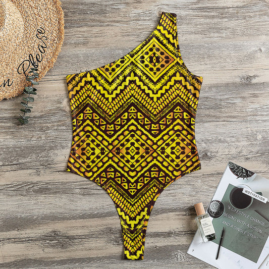 Gold African Ethnic Tribal Pattern Print One Shoulder Bodysuit