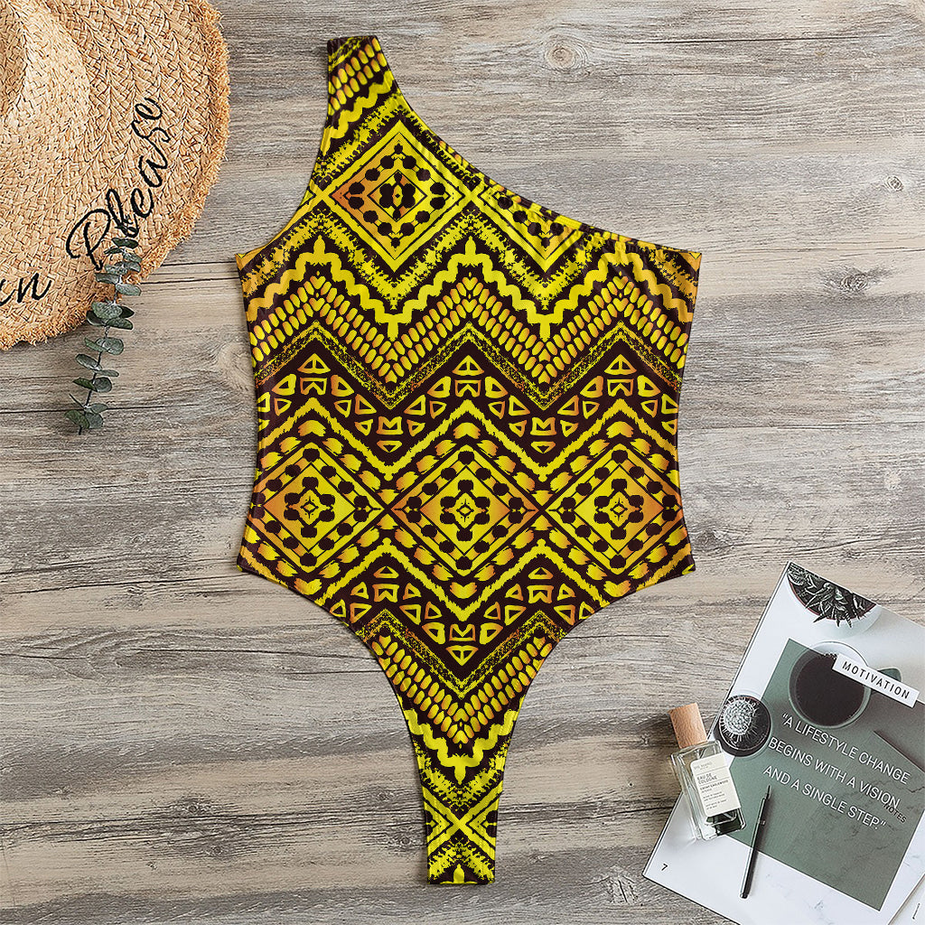 Gold African Ethnic Tribal Pattern Print One Shoulder Bodysuit