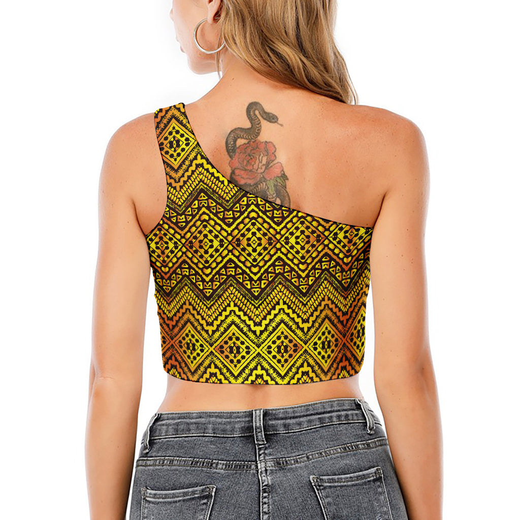 Gold African Ethnic Tribal Pattern Print One Shoulder Crop Top