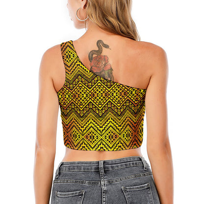 Gold African Ethnic Tribal Pattern Print One Shoulder Crop Top