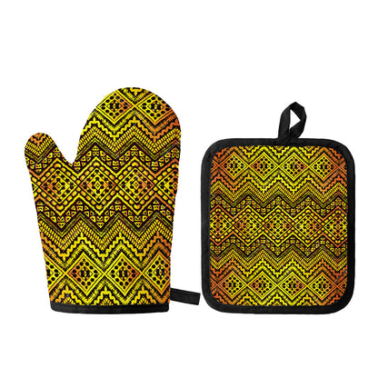 Gold African Ethnic Tribal Pattern Print Oven Mitt And Pot Holder Set