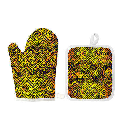 Gold African Ethnic Tribal Pattern Print Oven Mitt And Pot Holder Set