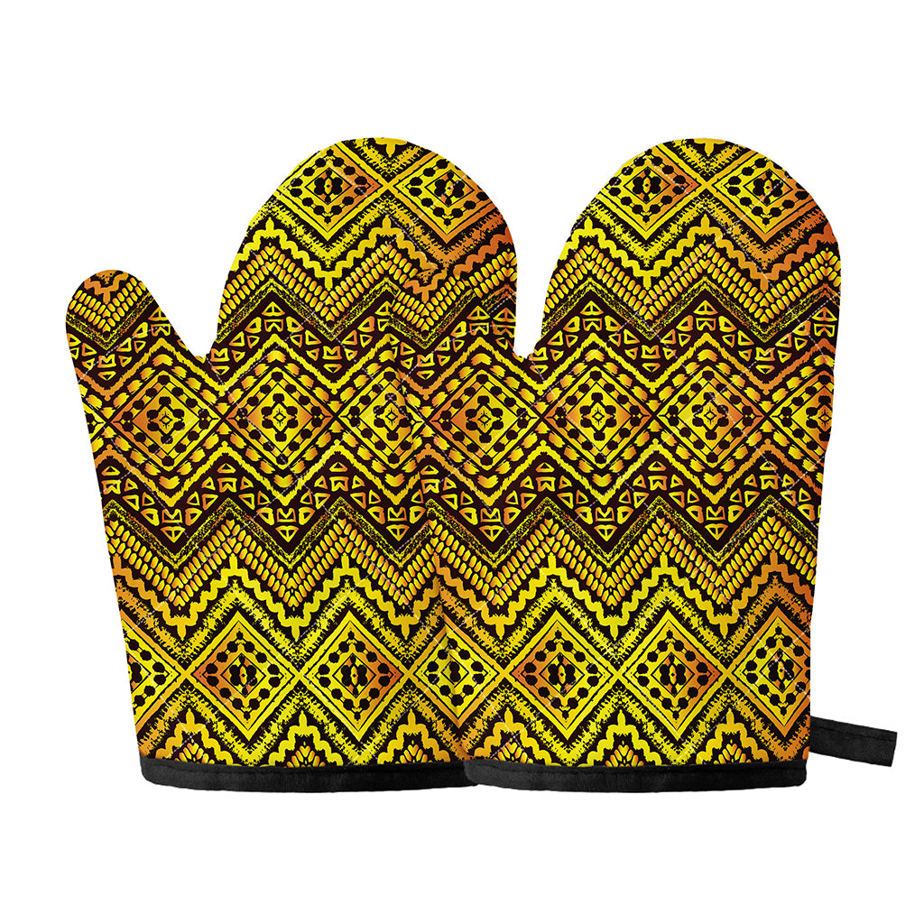 Gold African Ethnic Tribal Pattern Print Oven Mitts