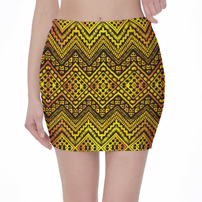 Gold African Ethnic Tribal Pattern Print Pencil Mini Skirt