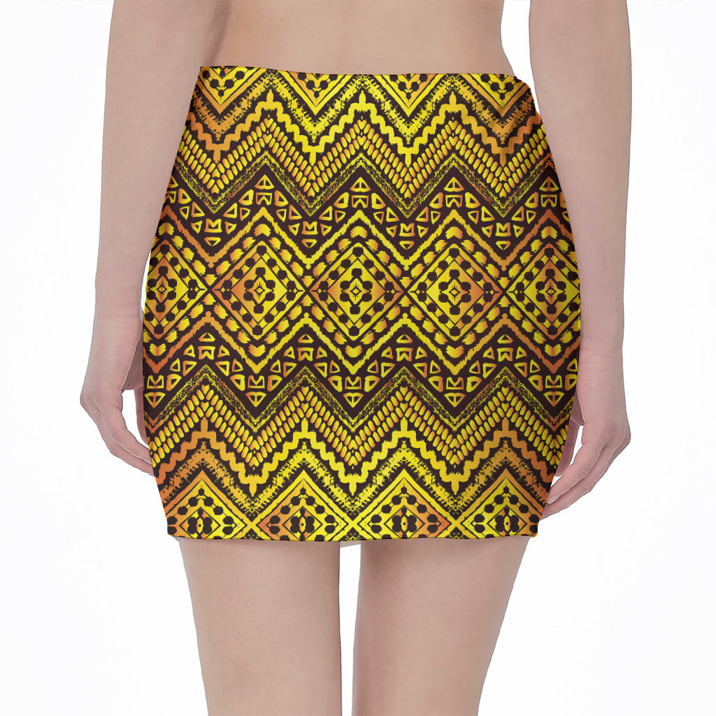 Gold African Ethnic Tribal Pattern Print Pencil Mini Skirt