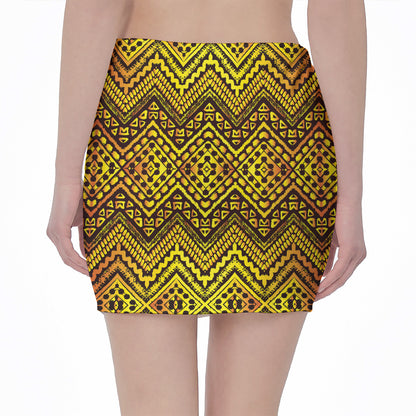 Gold African Ethnic Tribal Pattern Print Pencil Mini Skirt