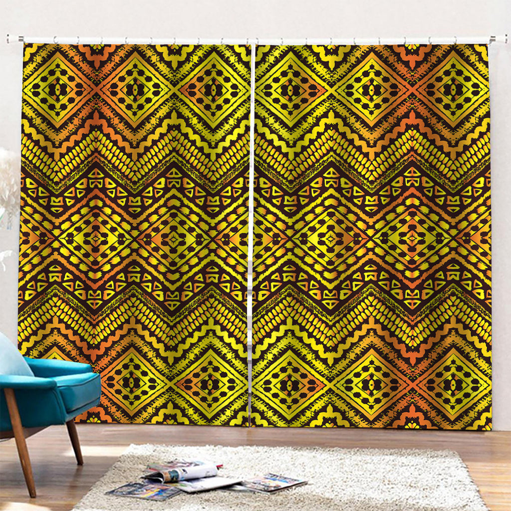 Gold African Ethnic Tribal Pattern Print Pencil Pleat Curtains