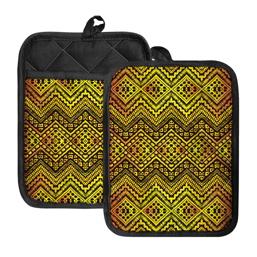 Gold African Ethnic Tribal Pattern Print Pot Holders With Pocket