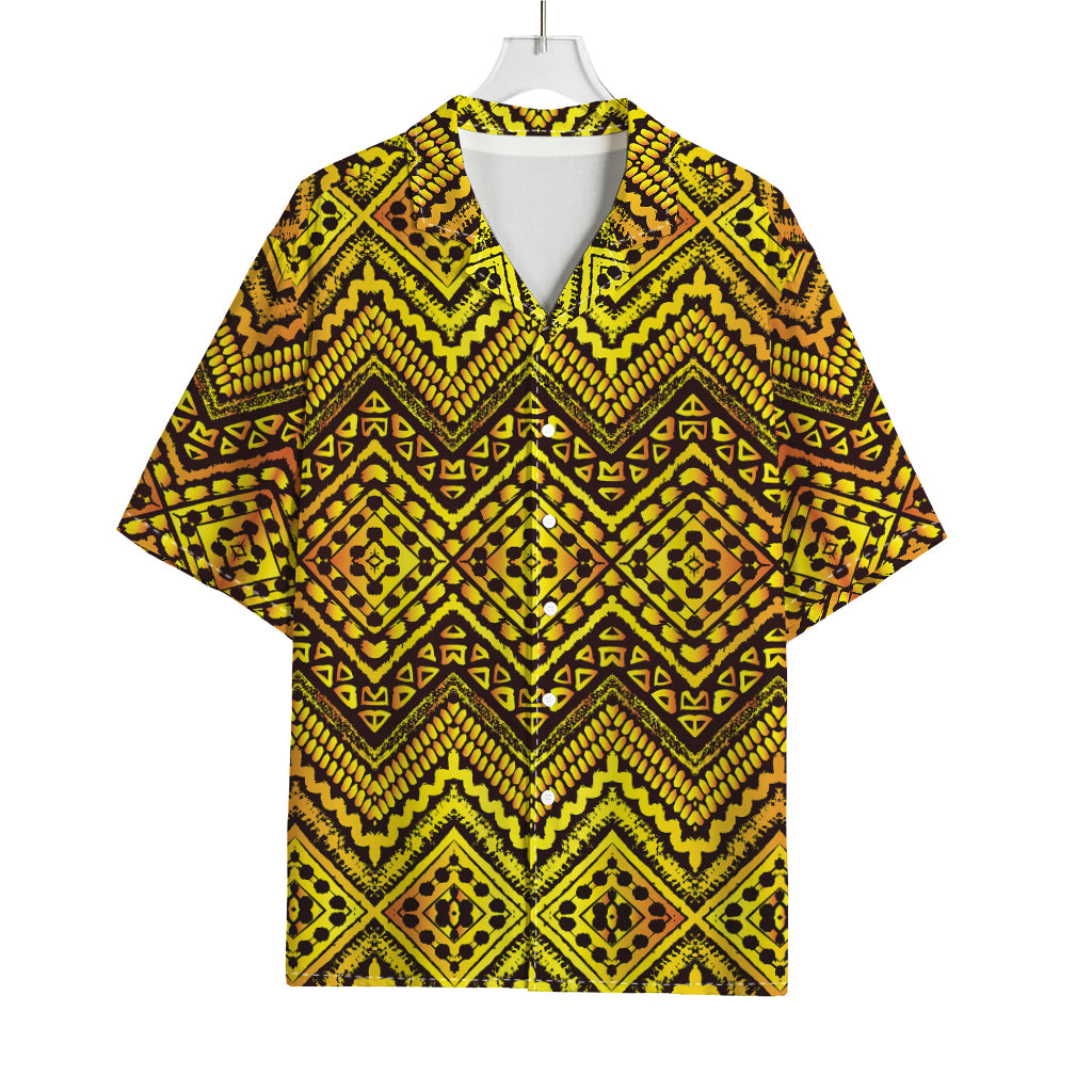 Gold African Ethnic Tribal Pattern Print Rayon Hawaiian Shirt