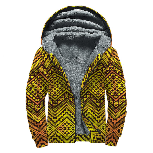 Gold African Ethnic Tribal Pattern Print Sherpa Lined Zip Up Hoodie