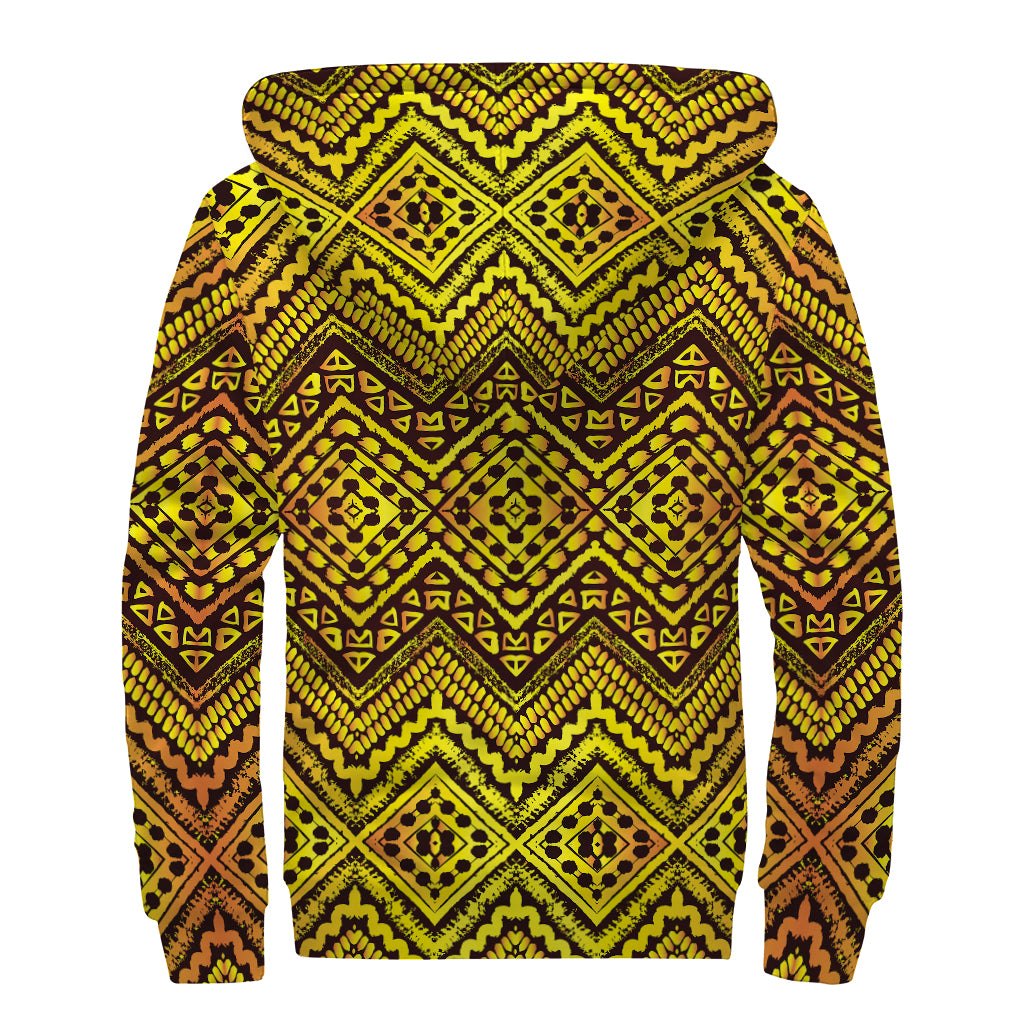 Gold African Ethnic Tribal Pattern Print Sherpa Lined Zip Up Hoodie