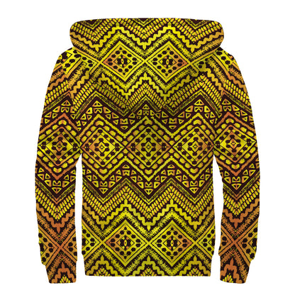 Gold African Ethnic Tribal Pattern Print Sherpa Lined Zip Up Hoodie