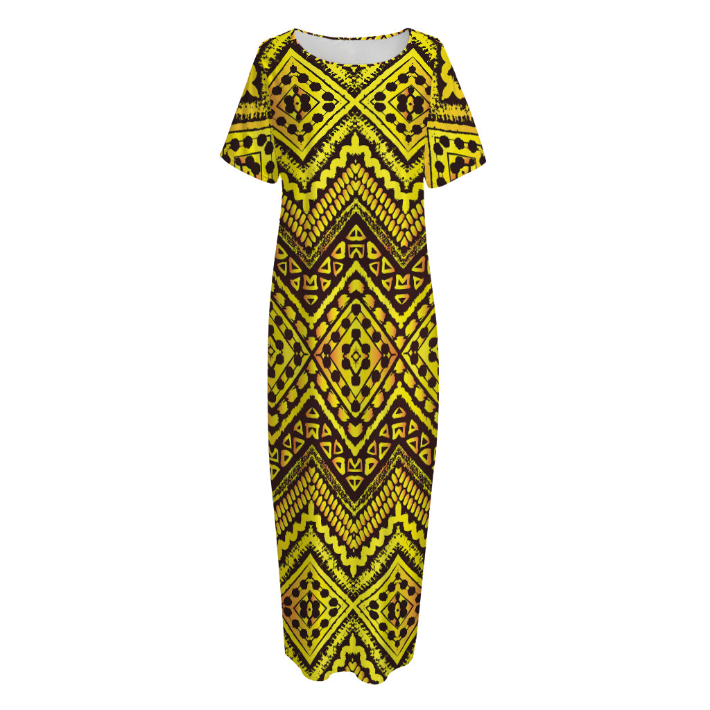 Gold African Ethnic Tribal Pattern Print Short Sleeve Long Nightdress