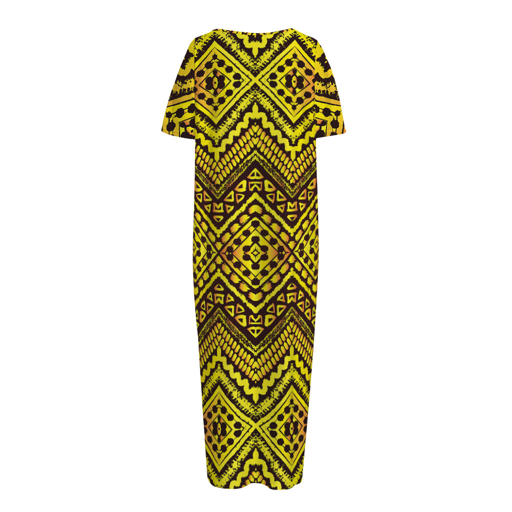 Gold African Ethnic Tribal Pattern Print Short Sleeve Long Nightdress