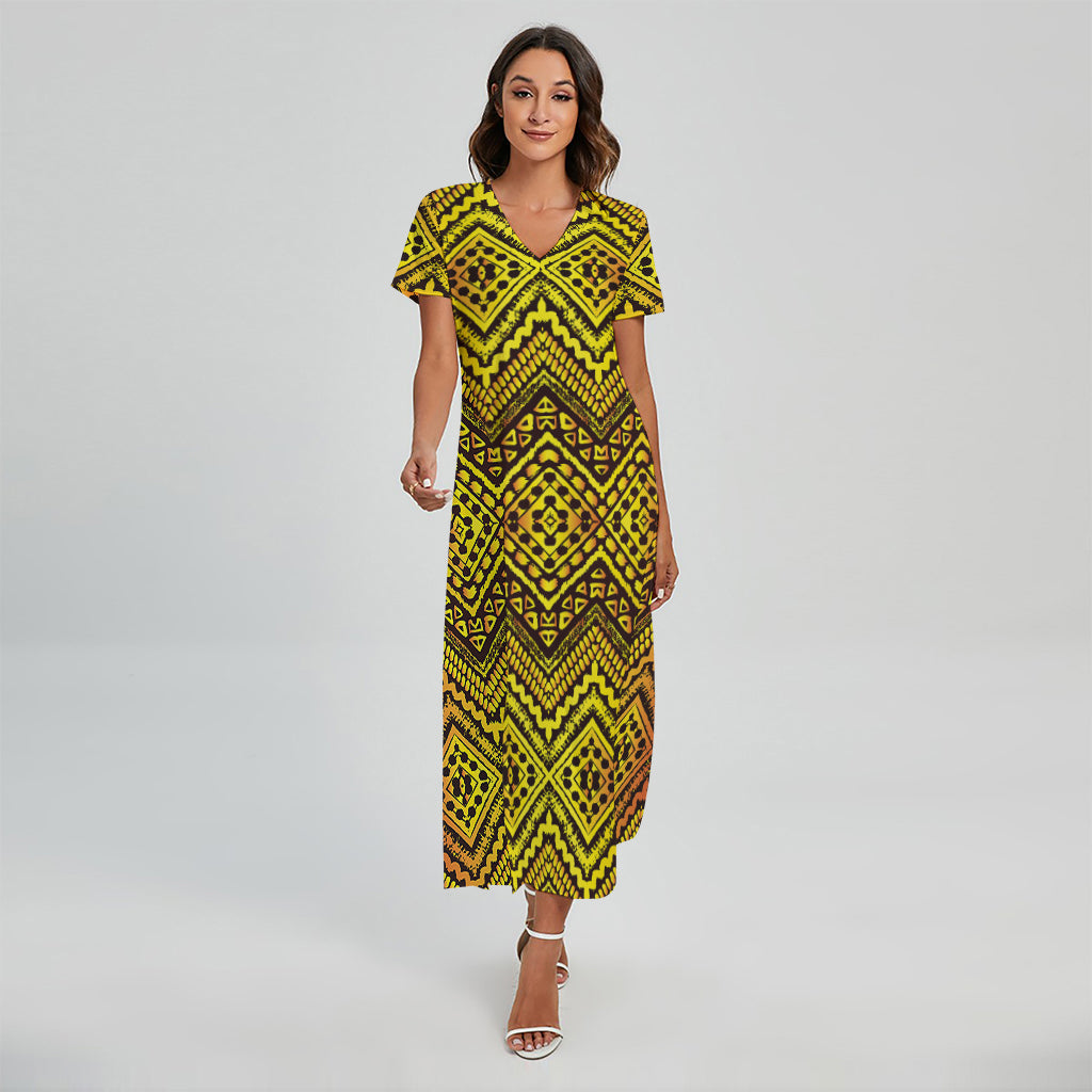 Gold African Ethnic Tribal Pattern Print Short Sleeve Maxi Dress