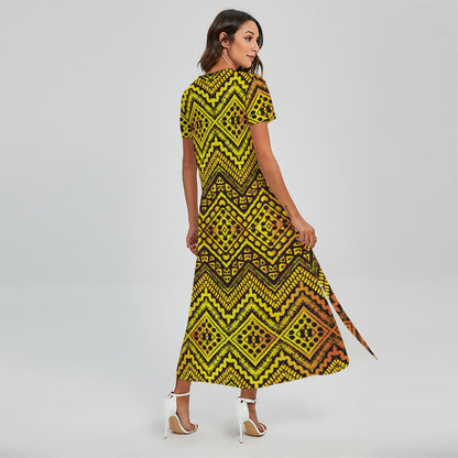Gold African Ethnic Tribal Pattern Print Short Sleeve Maxi Dress