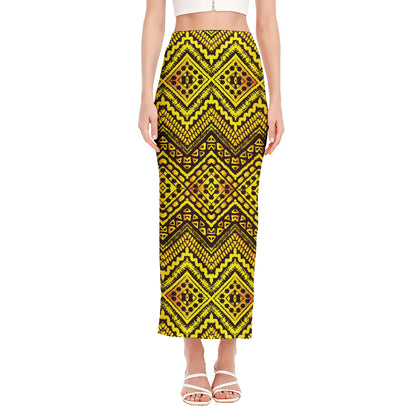 Gold African Ethnic Tribal Pattern Print Side Slit Maxi Skirt