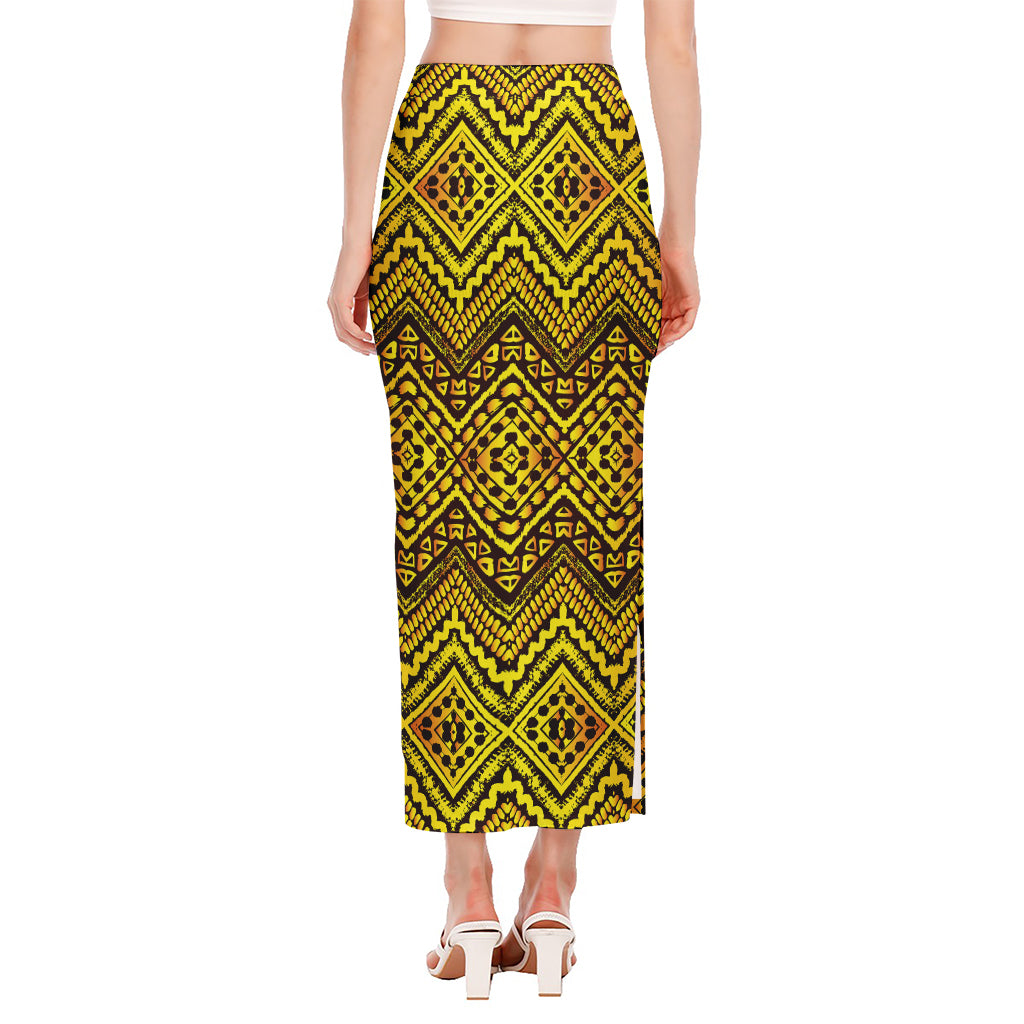 Gold African Ethnic Tribal Pattern Print Side Slit Maxi Skirt