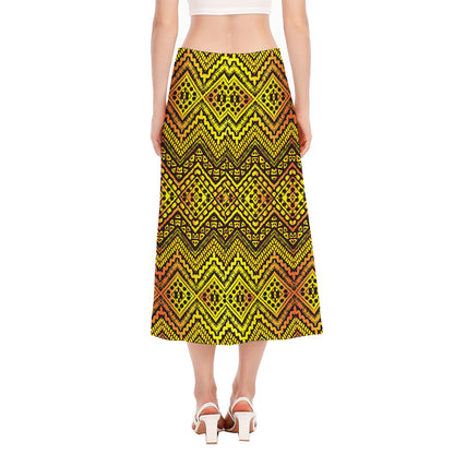Gold African Ethnic Tribal Pattern Print Side Slit Midi Skirt