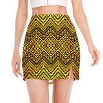 Gold African Ethnic Tribal Pattern Print Side Slit Mini Skirt
