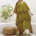 Gold African Ethnic Tribal Pattern Print Silk V-Neck Kaftan Dress