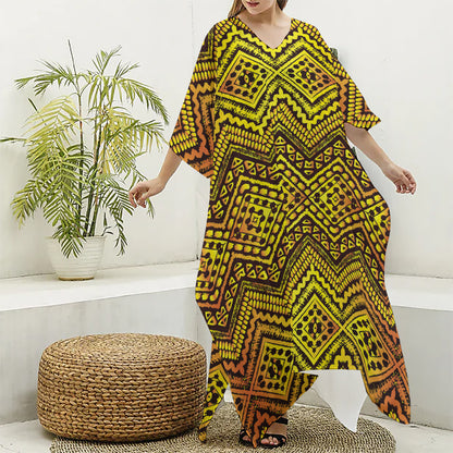 Gold African Ethnic Tribal Pattern Print Silk V-Neck Kaftan Dress